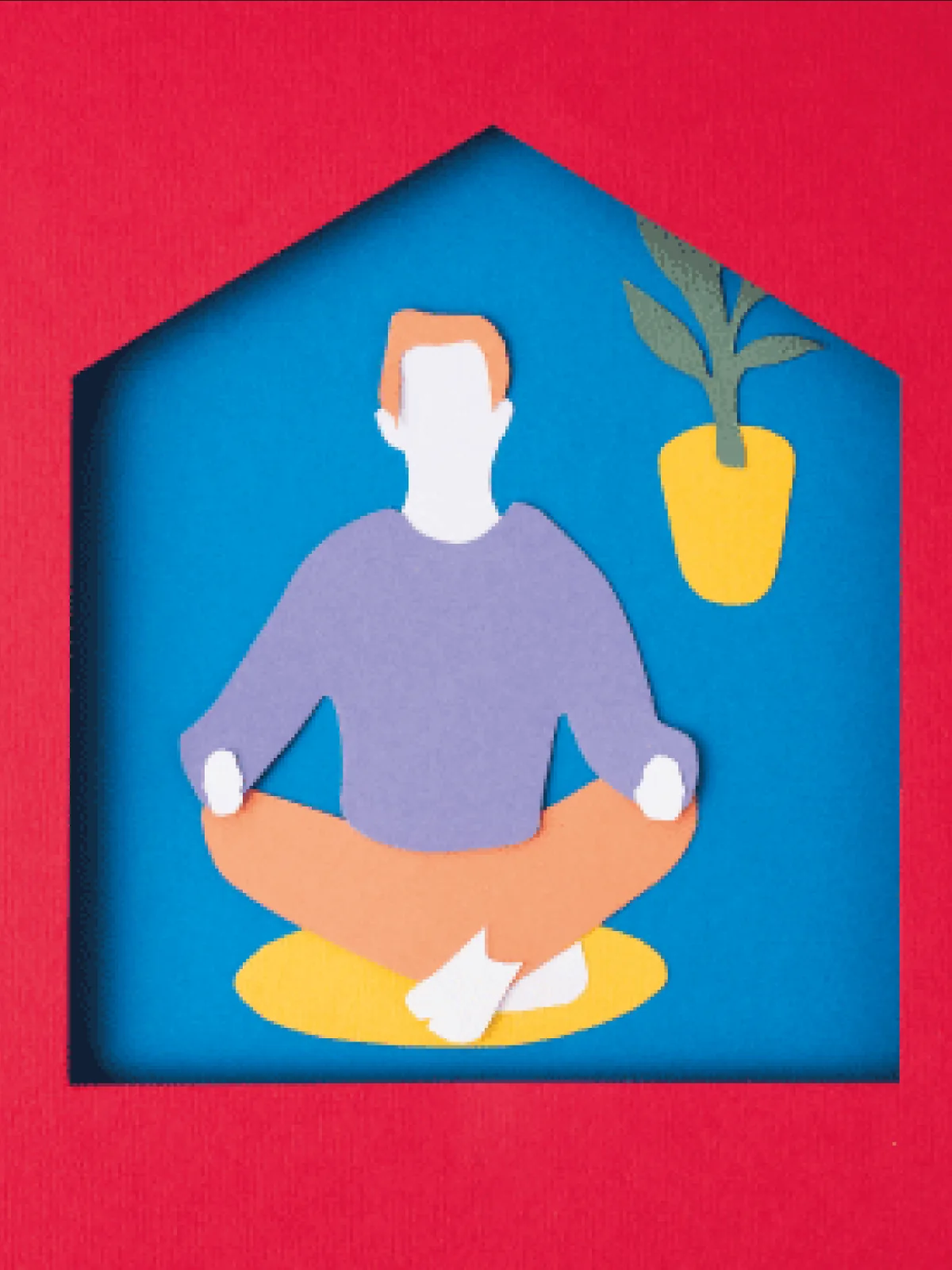 Ilustración en papel recortado: una persona meditando en casa, en calma con lo que ya tiene