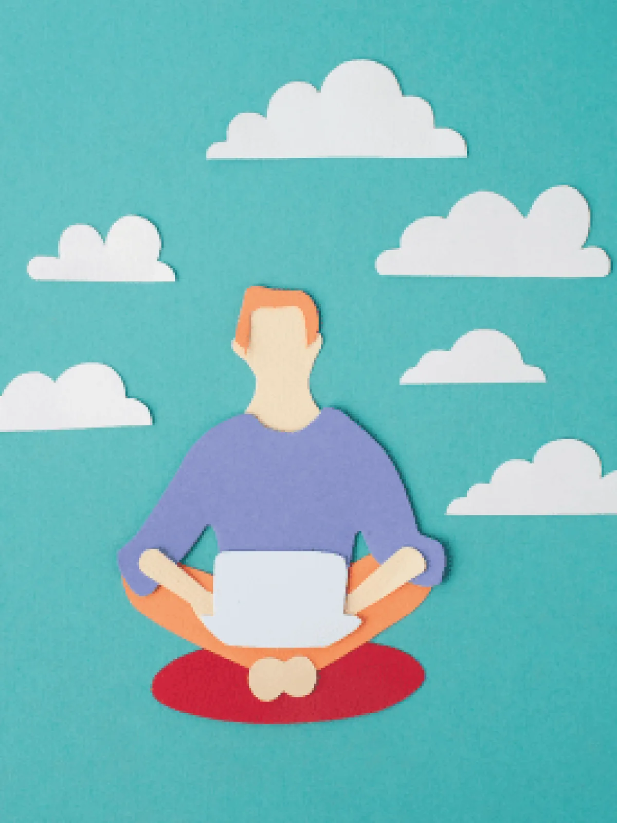 Ilustración en papel recortado: una persona con su portátil entre nubes, eligiendo hacia dónde va