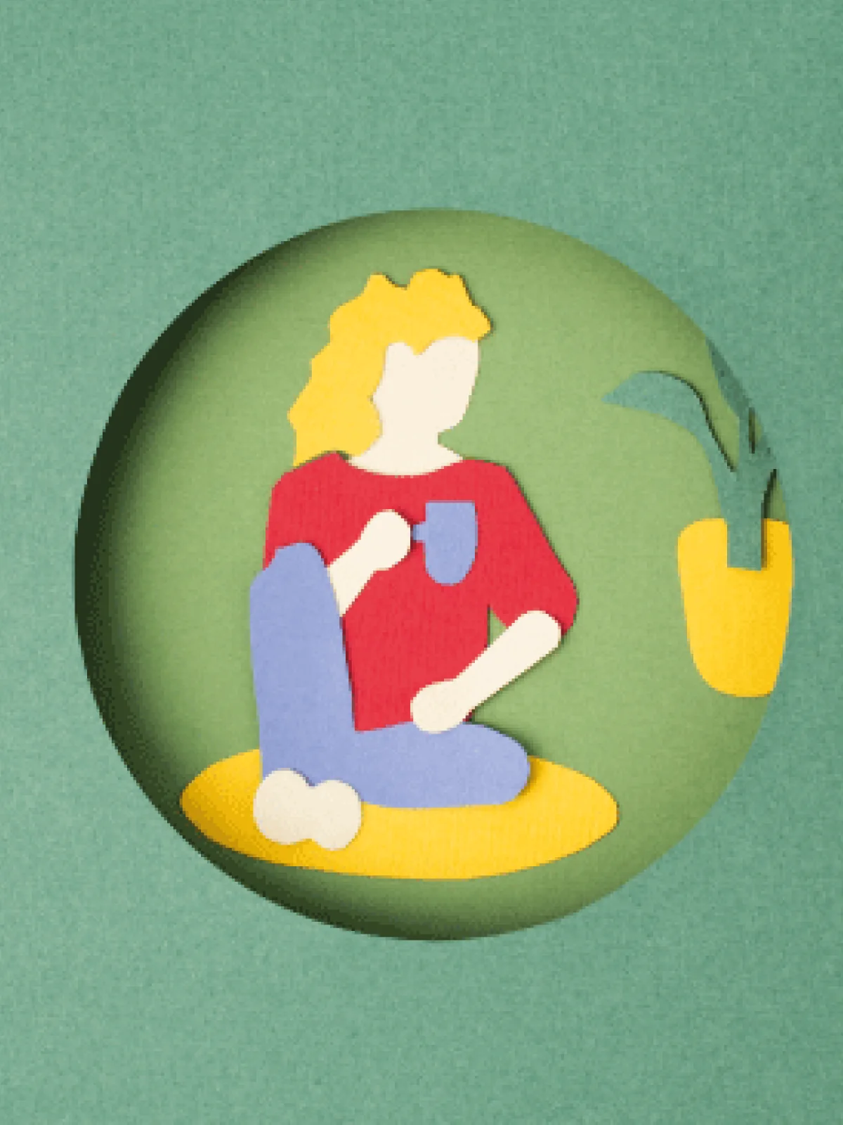 Ilustración en papel recortado: una persona sentada con una taza, sosteniendo su práctica