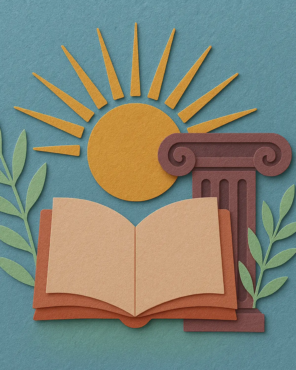 Ilustración en papel recortado: un libro abierto, una columna clásica y un sol, el estoicismo
