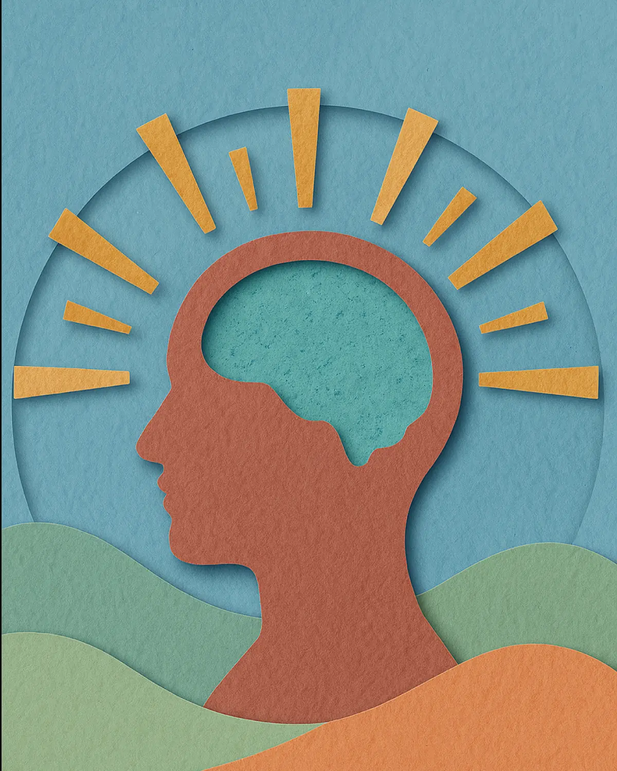 Ilustración en papel recortado: una cabeza de perfil con el cerebro iluminado, la neurociencia
