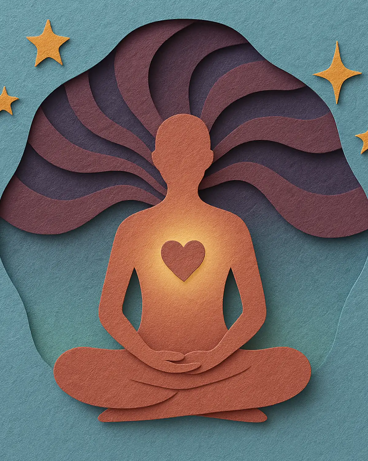 Ilustración en papel recortado: una persona meditando con el corazón encendido, la metacognición
