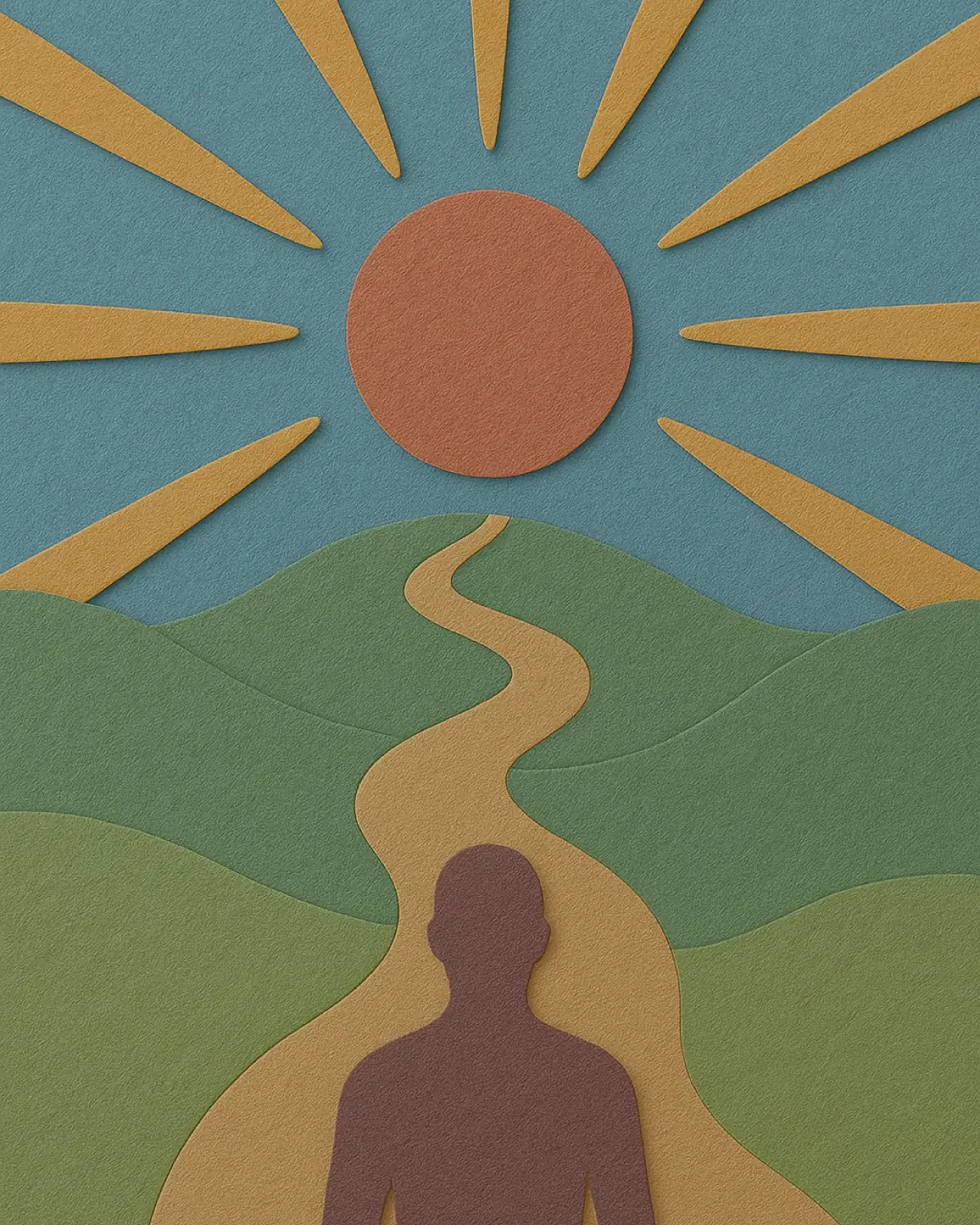 Ilustración en papel recortado: un camino que sube hacia el sol, la espiritualidad